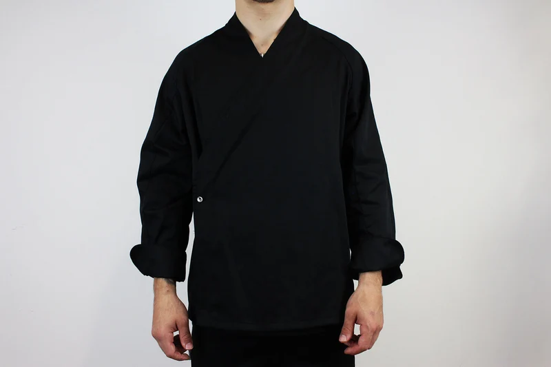 Veste de cuisine unisexe Egochef Sushi noire kimono polyester et coton à manches longues