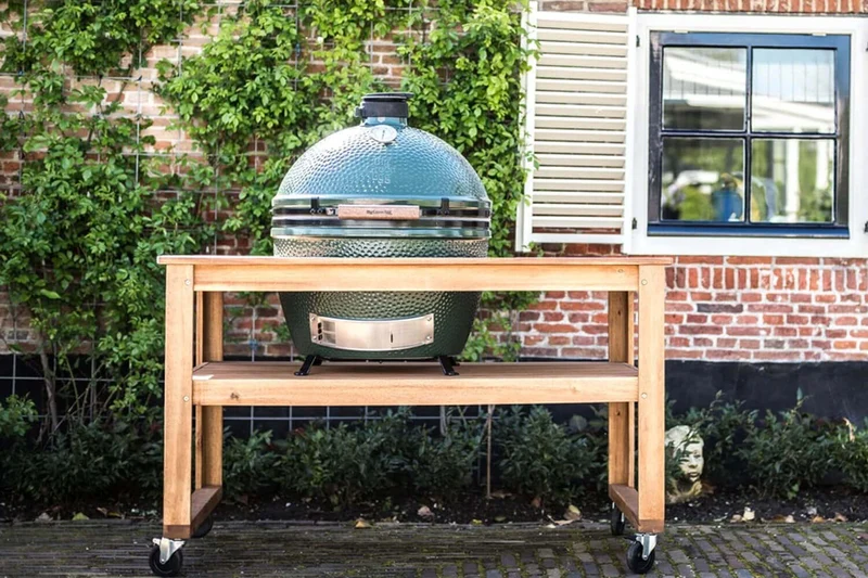 Table en bois d'eucalyptus pour barbecue Big Green Egg XLarge