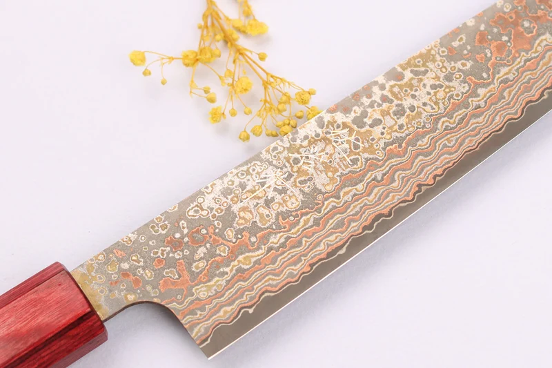 Couteau sujihiki 24cm japonais artisanal Takeshi Saji VG10 Rainbow Nashiji