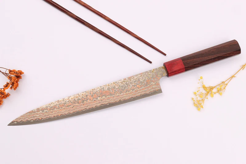 Couteau sujihiki 24cm japonais artisanal Takeshi Saji VG10 Rainbow Nashiji