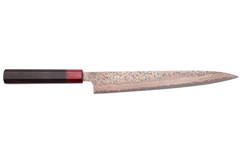 Couteau sujihiki 27cm japonais artisanal Takeshi Saji VG10 Rainbow Nashiji