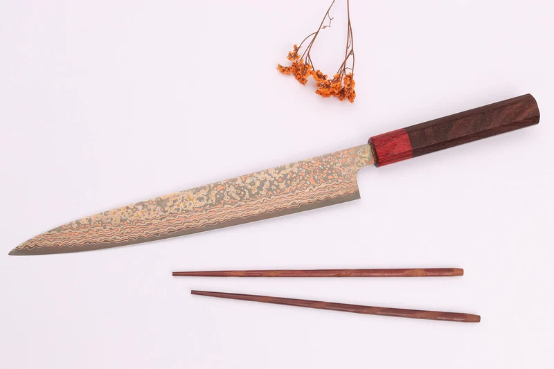 Couteau sujihiki 27cm japonais artisanal Takeshi Saji VG10 Rainbow Nashiji