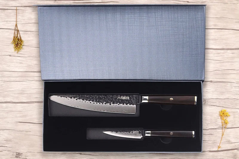 Coffret 2 couteaux Fukito Ébène Damas VG10 Chef + Office