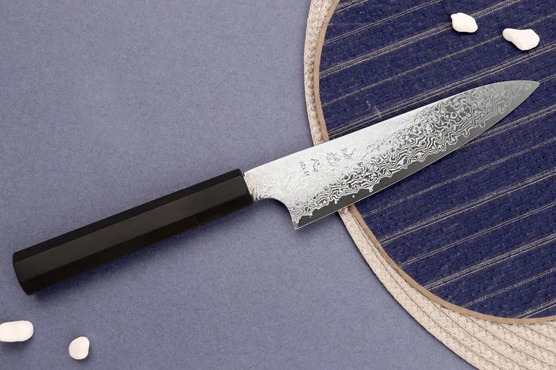 Couteau universel 15cm japonais artisanal Hatsukokoro Ginga ATS-34 Damas ébène corne