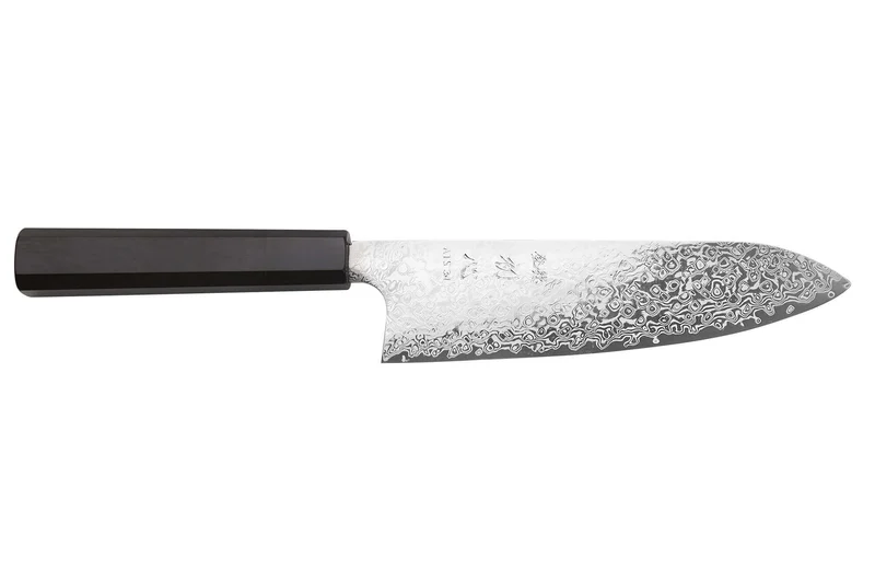 Couteau santoku 18cm japonais artisanal Hatsukokoro Ginga ATS-34 Damas ébène corne