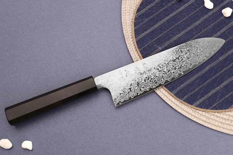 Couteau santoku 18cm japonais artisanal Hatsukokoro Ginga ATS-34 Damas ébène corne