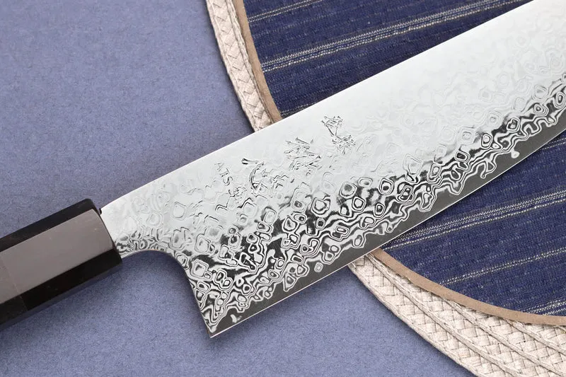 Couteau santoku 18cm japonais artisanal Hatsukokoro Ginga ATS-34 Damas ébène corne