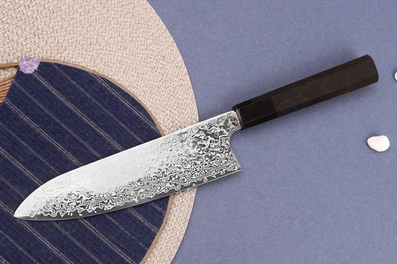 Couteau santoku 18cm japonais artisanal Hatsukokoro Ginga ATS-34 Damas ébène corne