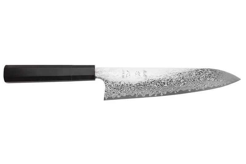 Couteau de chef 21cm japonais artisanal Hatsukokoro Ginga ATS-34 Damas ébène corne