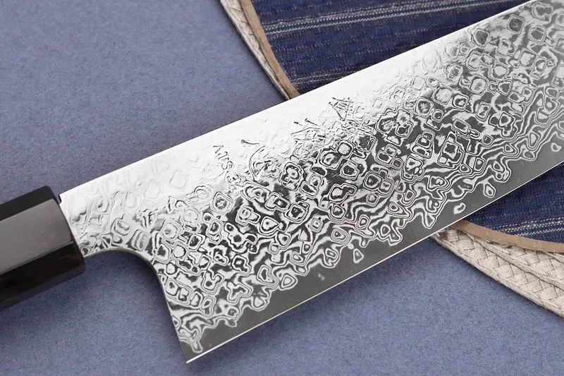Couteau de chef 21cm japonais artisanal Hatsukokoro Ginga ATS-34 Damas ébène corne
