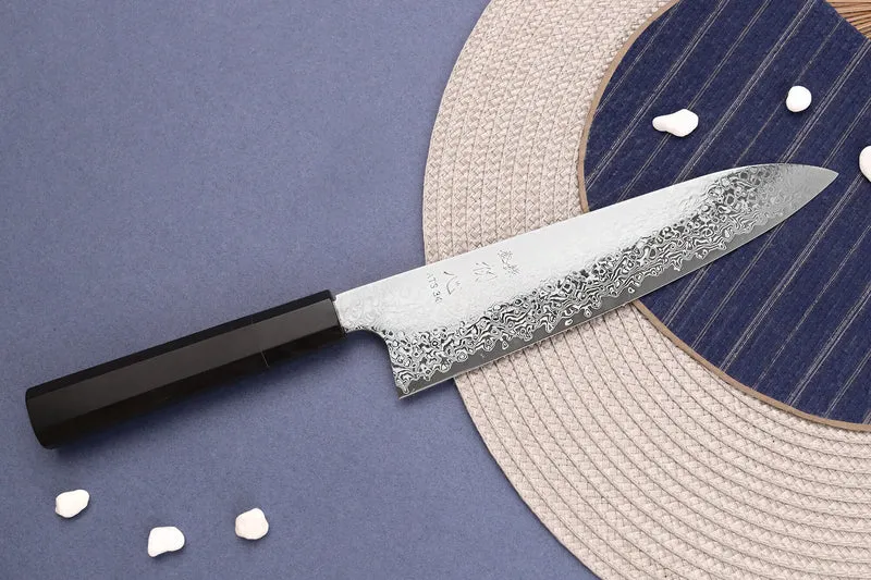 Couteau de chef 21cm japonais artisanal Hatsukokoro Ginga ATS-34 Damas ébène corne