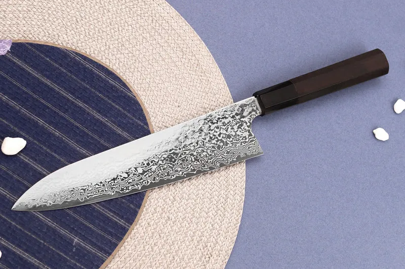 Couteau de chef 21cm japonais artisanal Hatsukokoro Ginga ATS-34 Damas ébène corne
