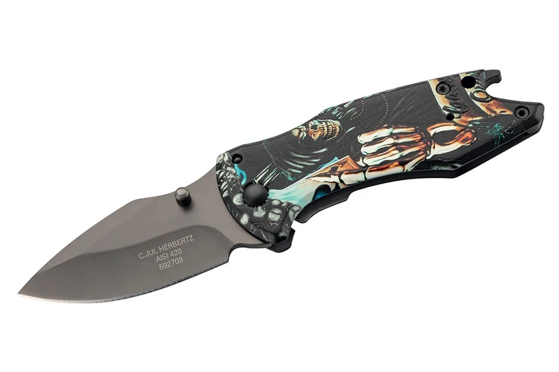 Couteau pliant Herbertz 592709 tout inox motif "Grim Reaper" la grande faucheuse 9cm + décapsuleur