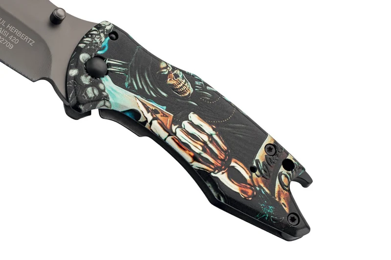 Couteau pliant Herbertz 592709 tout inox motif "Grim Reaper" la grande faucheuse 9cm + décapsuleur
