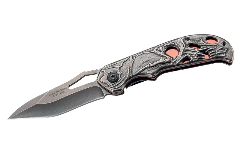 Couteau pliant Herbertz 591912 tout acier inox stonewashed décor tête de mort 11,8cm