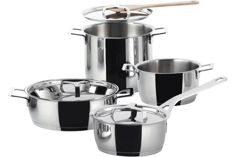 Batterie de cuisine Alessi Pots&Pans 7 pièces tout inox 18/10 design par Jasper Morrison