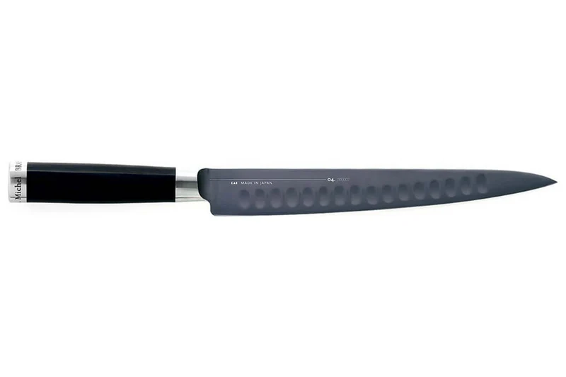 Couteau à trancher Kai Michel Bras n°3 23cm acier inox SG2 alvéolé + fourreau en bois