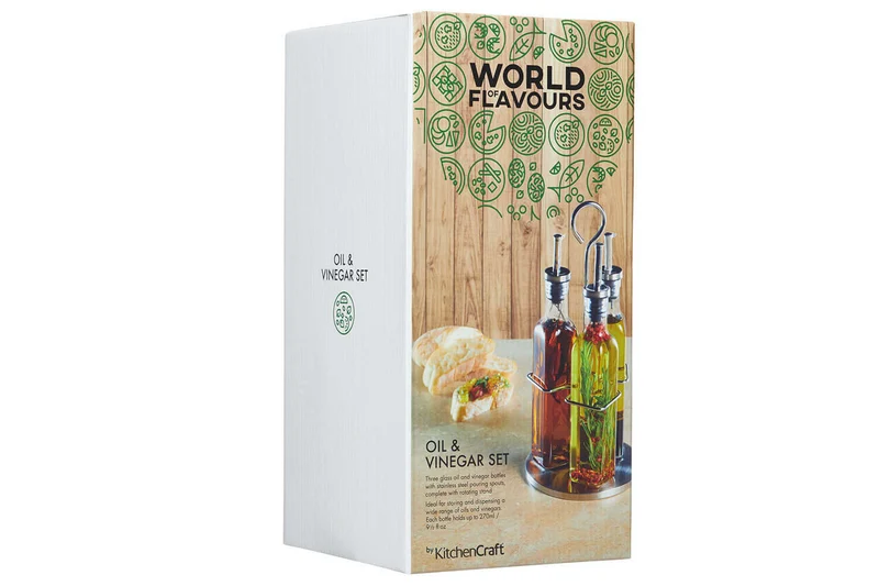 Ensemble de 3 bouteilles huile et vinaigre en verre avec présentoir World of Flavours