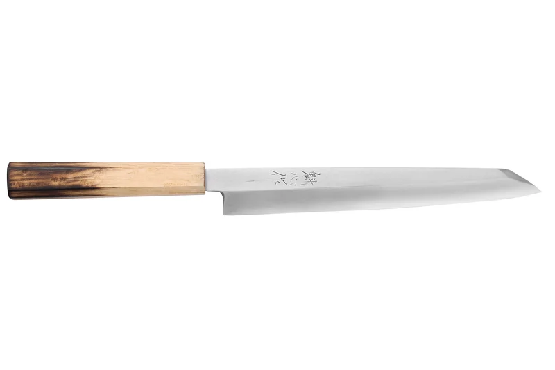 Couteau yanagiba kiritsuke 24cm japonais artisanal Nakamura Kaishin Saku WS2 en chêne