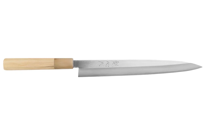 Couteau yanagiba 24cm japonais artisanal Nakamura Kaishin Saku WS2 en magnolia