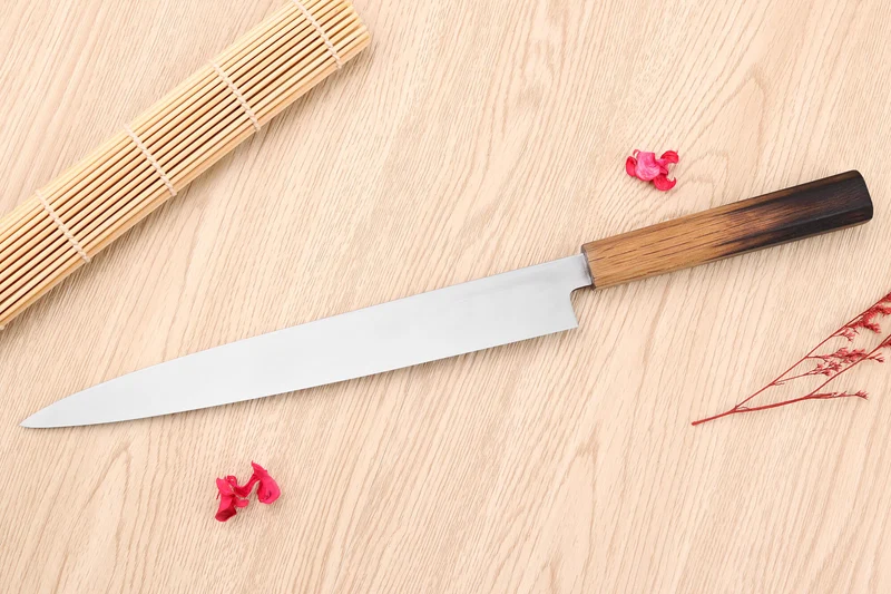 Couteau yanagiba 27cm japonais artisanal Nakamura Kaishin Saku WS2 en chêne