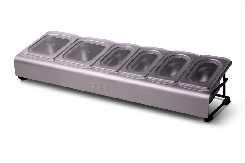 Saladette Ooni inox + 6 bacs à garnitures pour pizzas avec couvercles