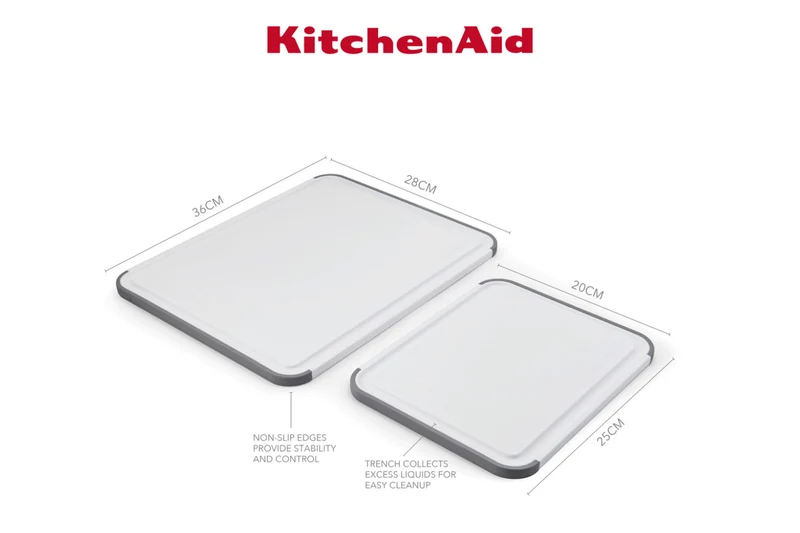 Set de 2 planches à découper anti-glisse Kitchen Aid réversibles en PP blanc