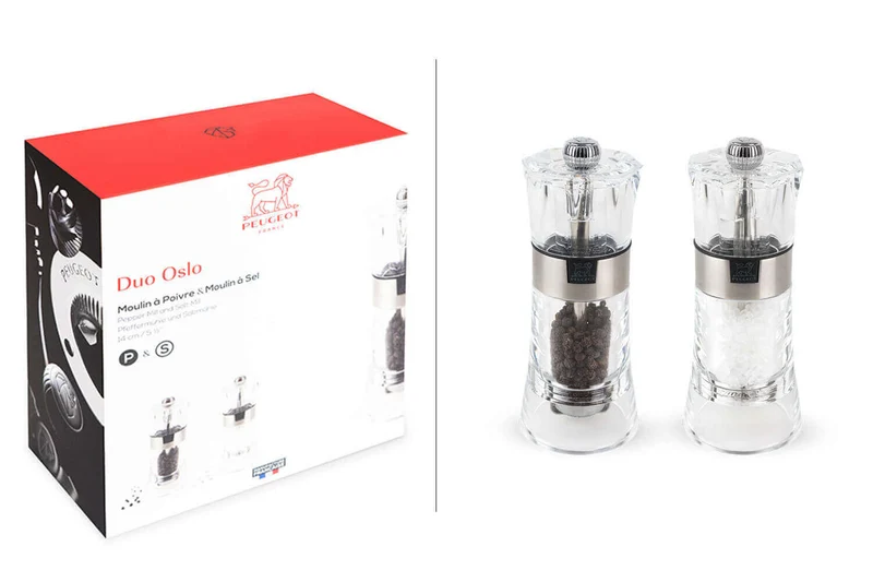 Coffret duo moulin à sel et poivre Peugeot Oslo en acrylique et inox 14cm