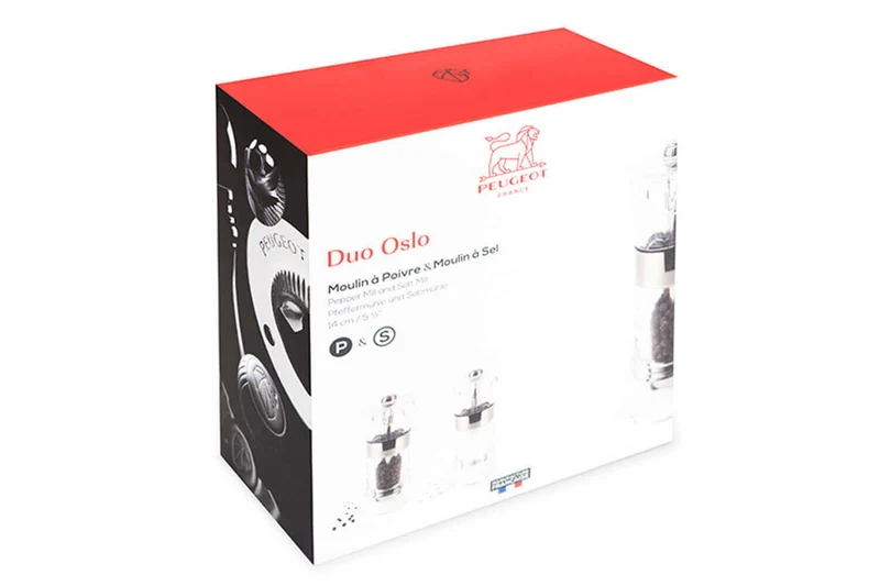 Coffret duo moulin à sel et poivre Peugeot Oslo en acrylique et inox 14cm