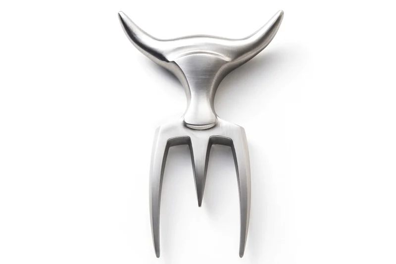 Fourchette à viande Tridens en acier inox brossé avec socle en hêtre à empreinte