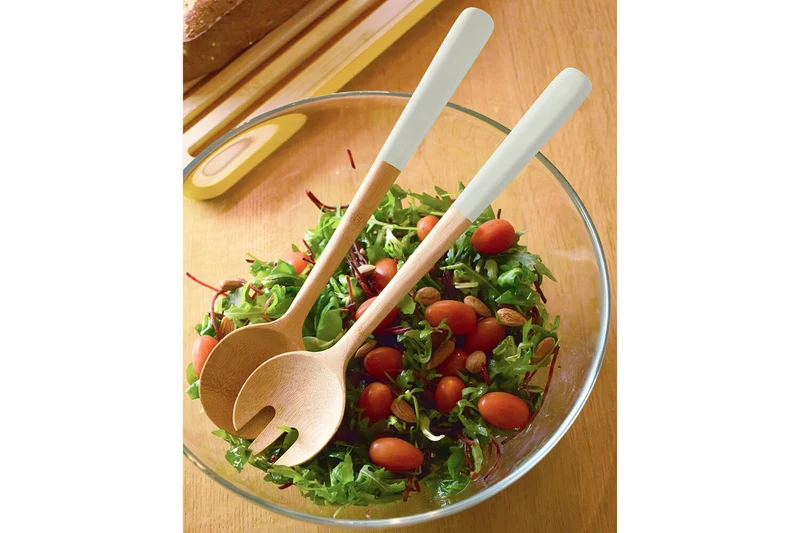Couverts à salade Pebbly 29cm en bambou manche blanc