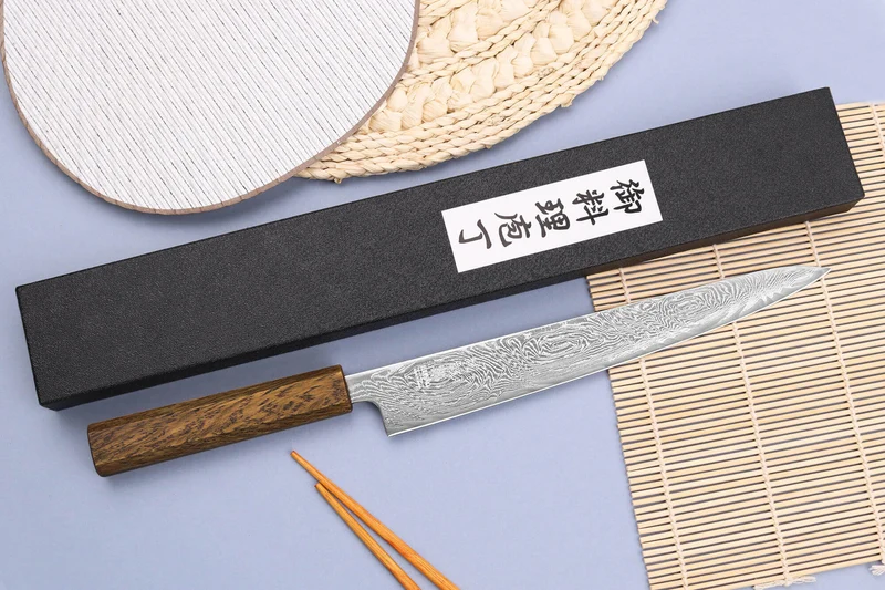 Couteau sujihiki japonais artisanal Wusaki Unagi AUS10 damas 24cm manche chêne