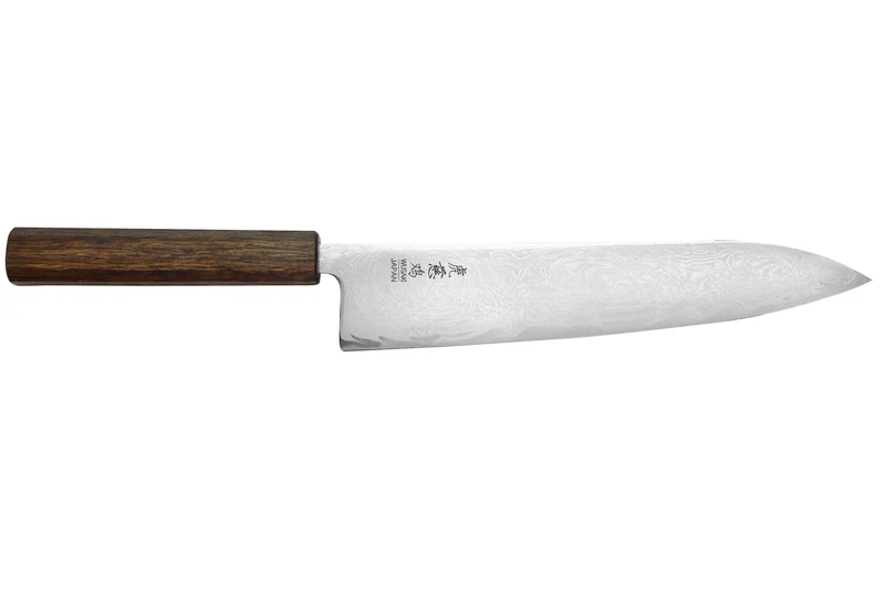 Couteau de chef japonais artisanal Wusaki Unagi AUS10 damas 24cm manche chêne