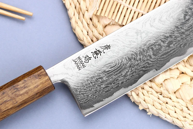 Couteau nakiri japonais artisanal Wusaki Unagi AUS10 damas 16,5cm manche chêne
