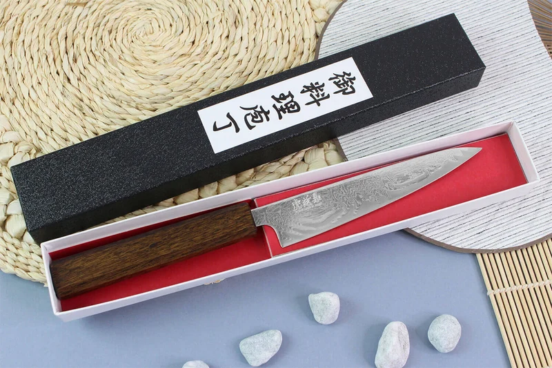 Couteau universel japonais artisanal Wusaki Unagi AUS10 damas 14cm manche chêne