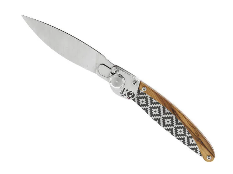 Couteau pliant K2.08M manche olivier et acier décor mosaïque 11,5cm