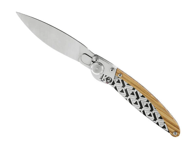 Couteau pliant K2.07M manche bois d'olivier et acier décor perspectives 11,5cm