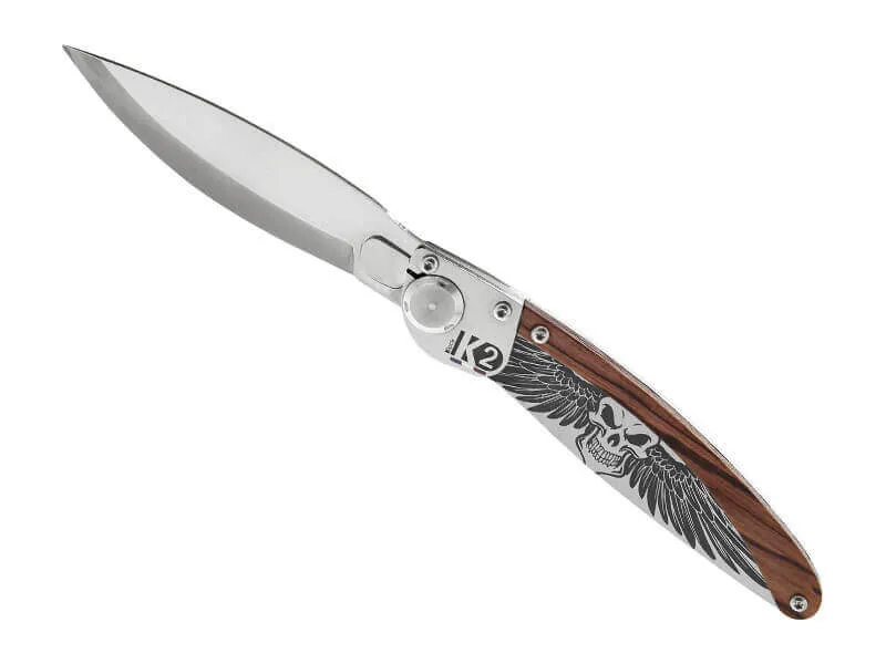 Couteau pliant K2.03M manche bois de violette et acier décor ailes de la mort 11,5cm
