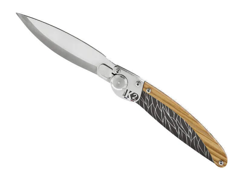Couteau pliant K2.01M manche olivier et acier décor plumes 11,5cm