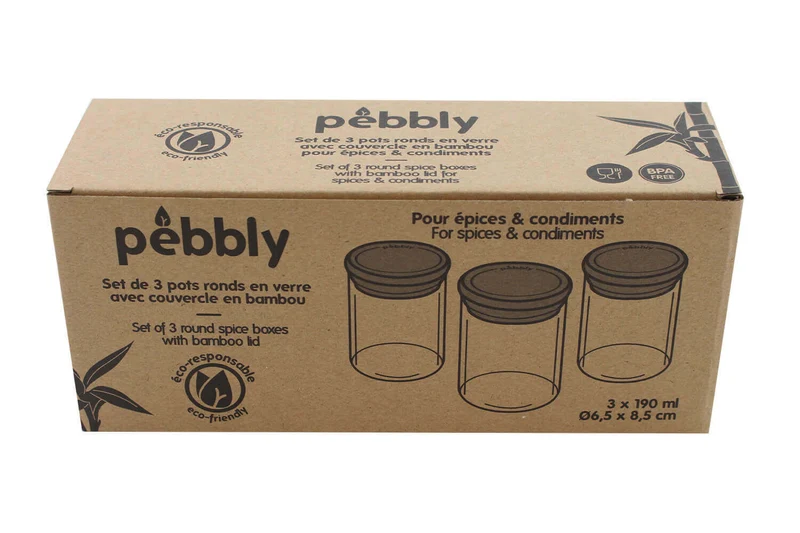 Set de 3 pots en verre Pebbly avec couvercle bambou pour épices et condiments - 190ml