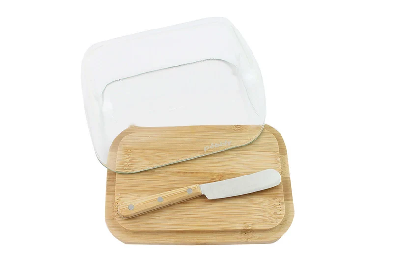 Set beurrier en verre et bambou Pebbly avec couteau à beurre