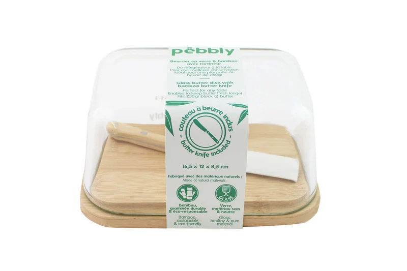 Set beurrier en verre et bambou Pebbly avec couteau à beurre