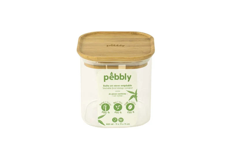 Boîte de conservation haute et carrée en verre Pebbly avec couvercle en bambou