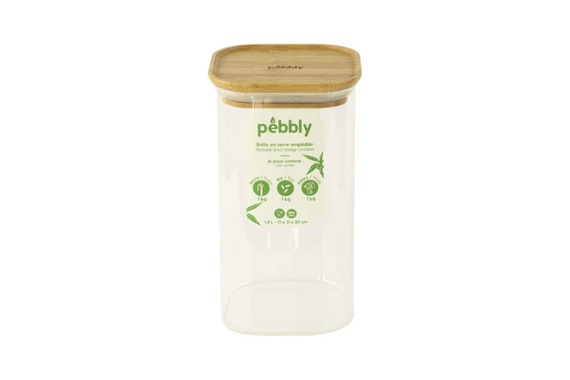 Boîte de conservation haute et carrée en verre Pebbly avec couvercle en bambou
