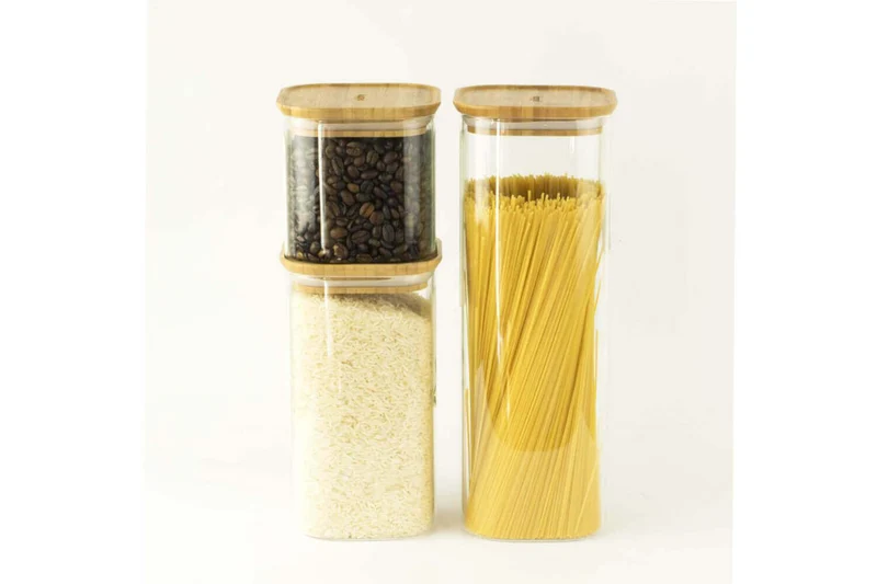 Boîte de conservation haute et carrée en verre Pebbly avec couvercle en bambou