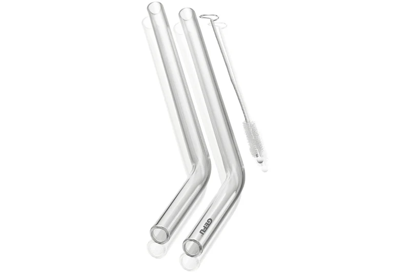 Set de 4 pailles courbées Gefu Future en verre transparent 23cm + brosse