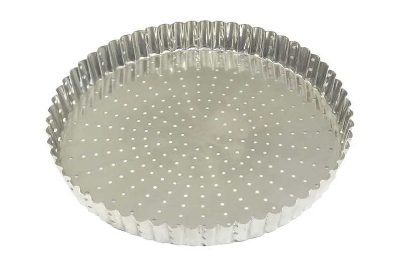 Tourtière ronde cannelée perforée Gobel fer blanc fond fixe
