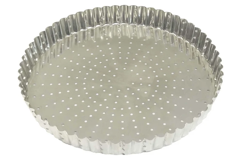Tourtière ronde cannelée perforée Gobel fer blanc fond fixe
