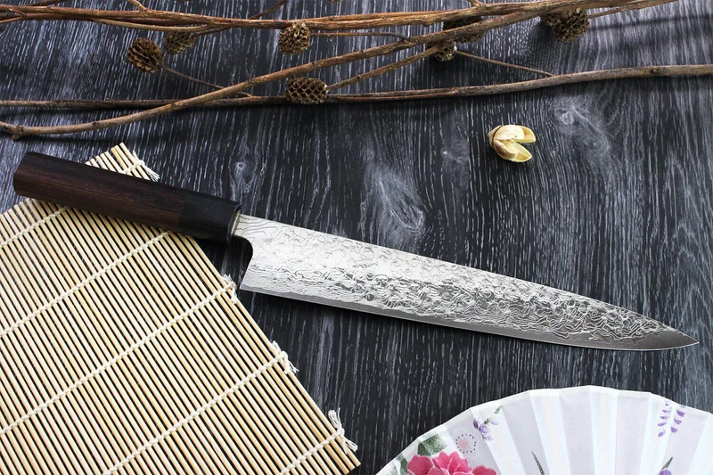 Couteau sujihiki japonais artisanal Takeshi Saji R2 Damas 24cm