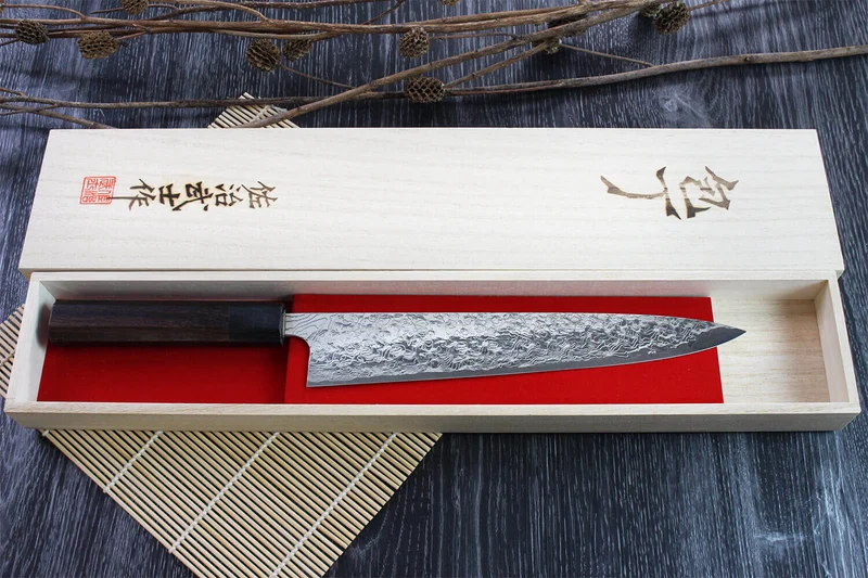 Couteau sujihiki japonais artisanal Takeshi Saji R2 Damas 24cm